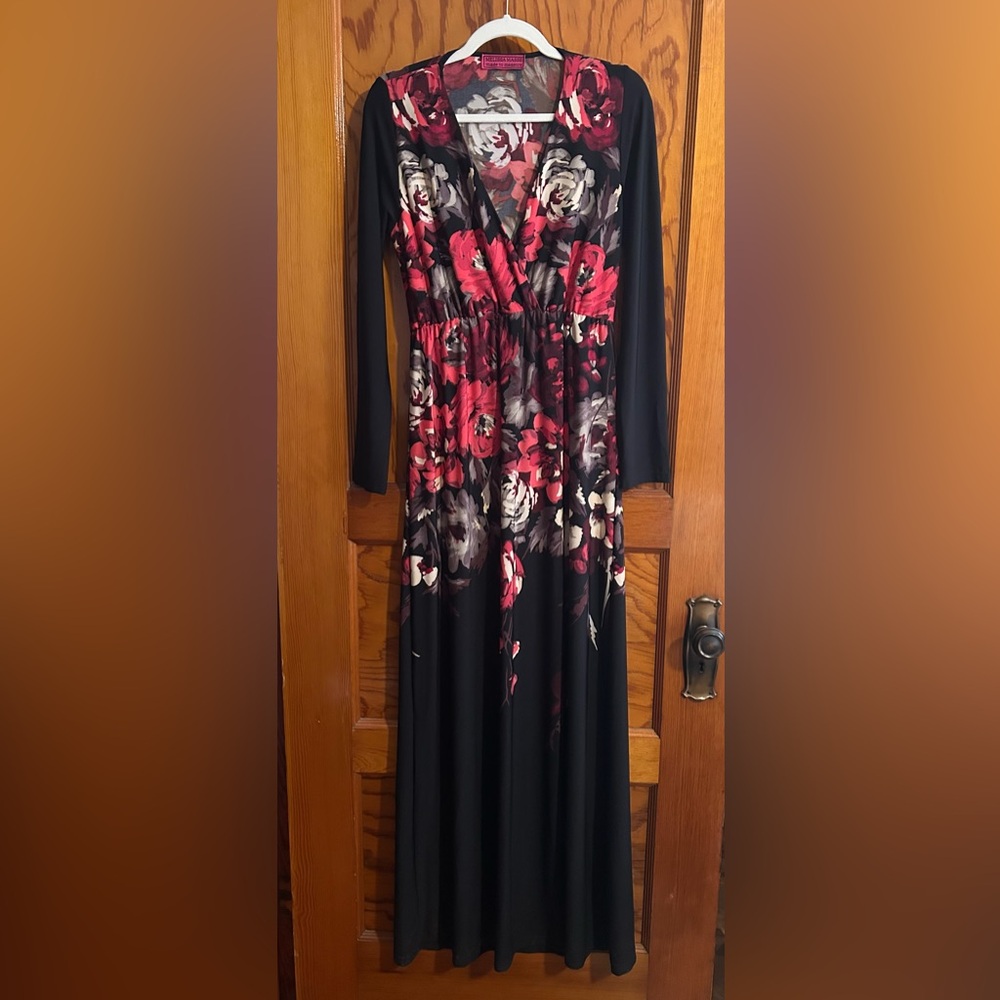 Melissa Masse Black and Red Floral Long Sleeve Dress
